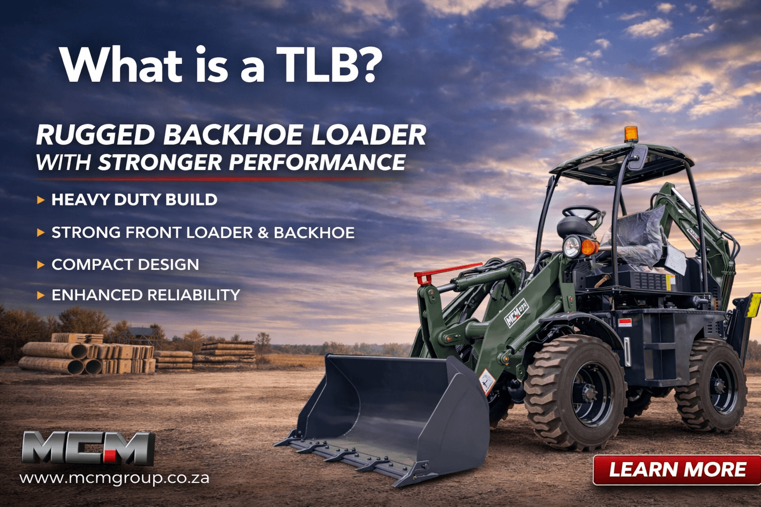 A compact MCM 27X TLB being used for agricultural trenching on a farm in the Western Cape. — What is a TLB